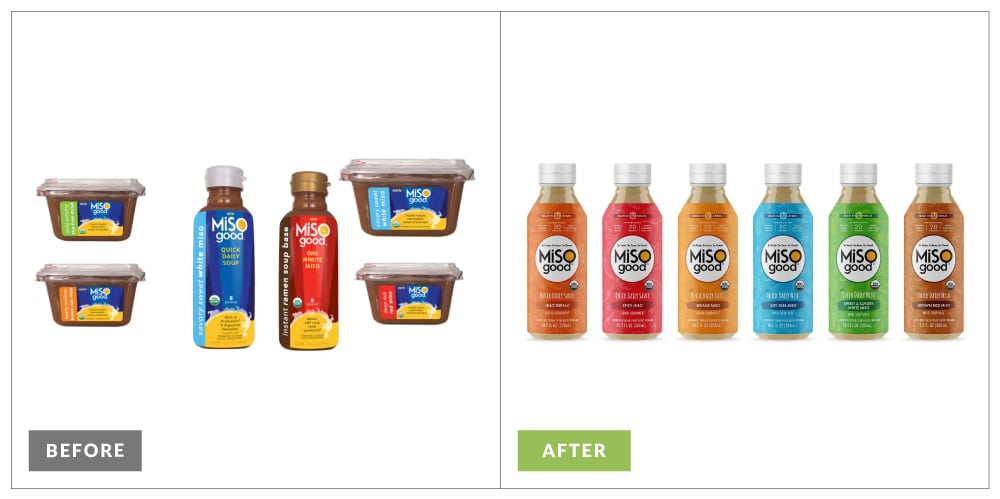 将Misogood的食物包装重新品牌包装，展示图像前后。